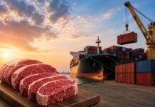 Récord para la carne vacuna: las exportaciones sumaron US$ 1.765 millones en cinco meses Exportaciones de carne vacuna argentina con cortes de carne en primer plano y buque carguero en puerto al atardecer.