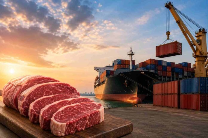 record-exportaciones-carne-vacuna-ruralnet Exportaciones de carne vacuna argentina con cortes de carne en primer plano y buque carguero en puerto al atardecer.