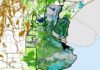 Complica el exceso de agua la siembra fina y retrasa la cosecha de maíz Mapa de reservas de agua en el suelo en la región triguera argentina, con zonas de humedad adecuada, excesos hídricos y áreas productivas destacadas.