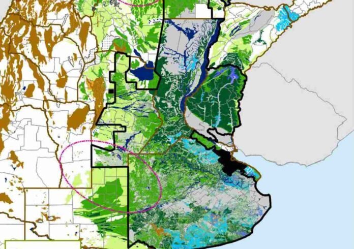 reservas-agua-suelo-region-triguera-ruralnet Mapa de reservas de agua en el suelo en la región triguera argentina, con zonas de humedad adecuada, excesos hídricos y áreas productivas destacadas.