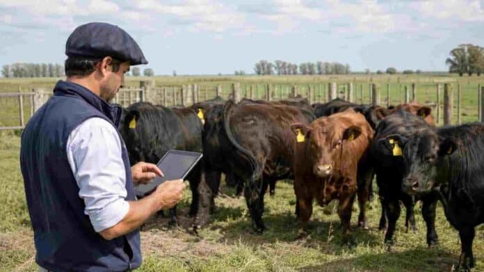 Productor ganadero consulta datos en una tablet frente a bovinos identificados con caravanas en un establecimiento rural.