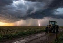 El tiempo traerá calor de hasta 39°C, tormentas y heladas hasta el domingo Tormenta intensa con relámpagos sobre un campo de la región Pampeana y un tractor embarrado en un camino rural.