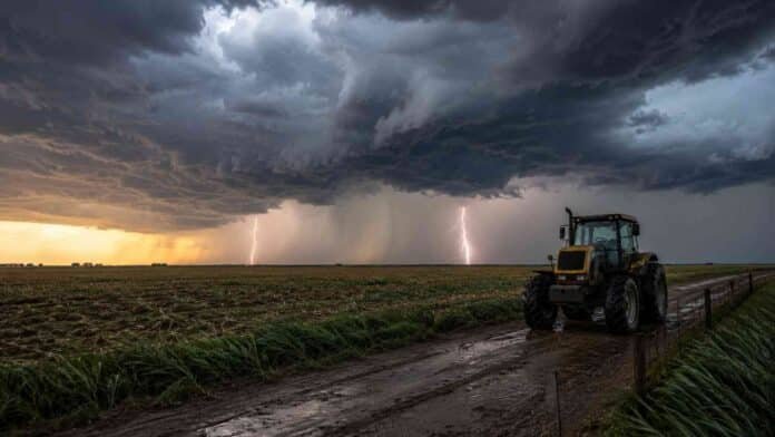 tormenta-campo-pampeano-tractor-ruralnet Tormenta intensa con relámpagos sobre un campo de la región Pampeana y un tractor embarrado en un camino rural.