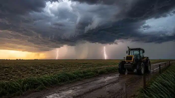 tormenta-campo-pampeano-tractor-ruralnet Tormenta intensa con relámpagos sobre un campo de la región Pampeana y un tractor embarrado en un camino rural.