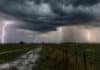 El SMN declaró alerta naranja por tormentas en Entre Ríos y Corrientes: granizo y hasta 70 mm de lluvia Tormenta intensa en medio de un campo, con cielo oscuro, rayos visibles, fuerte cortina de lluvia y camino rural embarrado.