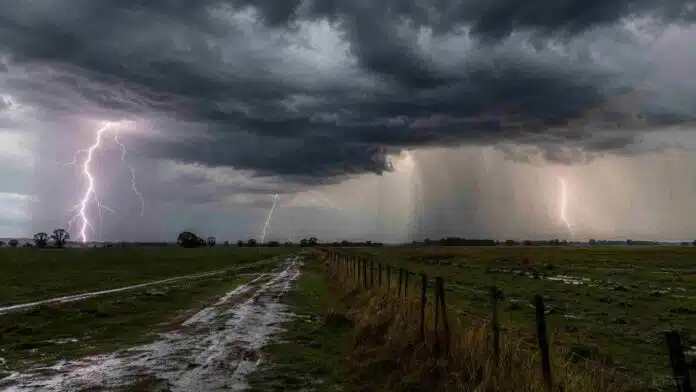tormenta-campo-rayos-lluvia-ruralnet Tormenta intensa en medio de un campo, con cielo oscuro, rayos visibles, fuerte cortina de lluvia y camino rural embarrado.