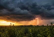El SMN alerta por tormentas en el NEA y viento fuerte y Zonda en el NOA Cielo tormentoso con nubes cumulonimbus y un rayo sobre un cultivo de yerba mate en el norte de Argentina durante el atardecer.