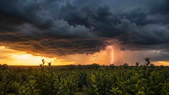 Cielo tormentoso con nubes cumulonimbus y un rayo sobre un cultivo de yerba mate en el norte de Argentina durante el atardecer.