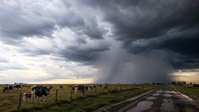 tormenta-pampa-humeda-rodeo-holando-ruralnet Rodeo de vacas Holando Argentino con terneros en un campo de la Pampa Húmeda bajo un cielo de tormenta y lluvias intensas.