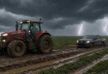 El norte alcanza 32 °C y vuelven las tormentas a la región Pampeana Tractor Massey Ferguson remolca una Volkswagen Amarok atascada en un camino rural embarrado durante una tormenta en la región Pampeana.