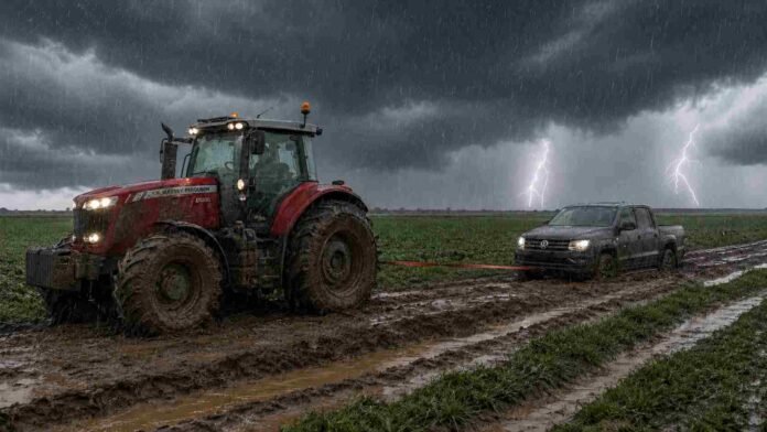 Tractor Massey Ferguson remolca una Volkswagen Amarok atascada en un camino rural embarrado durante una tormenta en la región Pampeana.