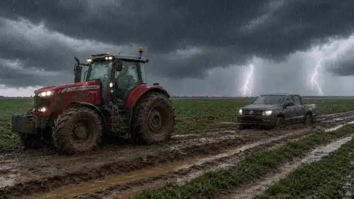 Tractor Massey Ferguson remolca una Volkswagen Amarok atascada en un camino rural embarrado durante una tormenta en la región Pampeana.