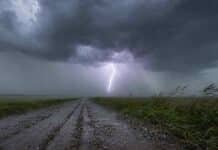 Amenazan cuatro fenómenos a nueve provincias: hasta 50 mm y ráfagas de 100 km/h Tormenta severa con un intenso relámpago, lluvias, ráfagas y granizo sobre un camino rural del nordeste argentino.