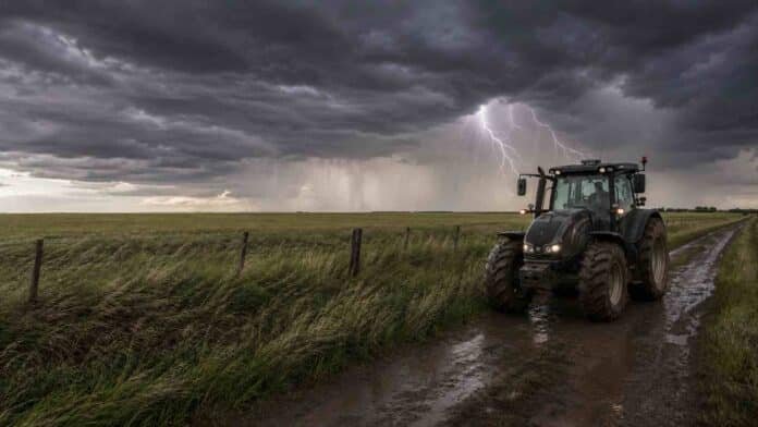 Tractor Valtra en un camino rural húmedo bajo un cielo de tormenta, con pastizales movidos por el viento, cortinas de lluvia y un relámpago sobre el campo argentino.