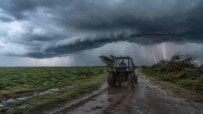 tormenta-severa-tractor-ruralnet Tractor conducido por un camino rural anegado de Corrientes mientras avanza una tormenta severa con lluvias intensas, ráfagas y actividad eléctrica.