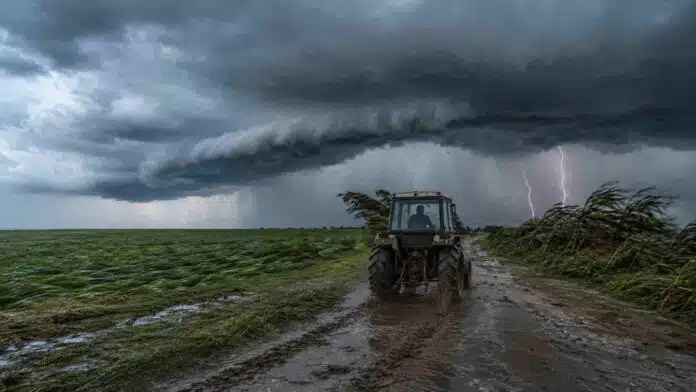 tormenta-severa-tractor-ruralnet Tractor conducido por un camino rural anegado de Corrientes mientras avanza una tormenta severa con lluvias intensas, ráfagas y actividad eléctrica.