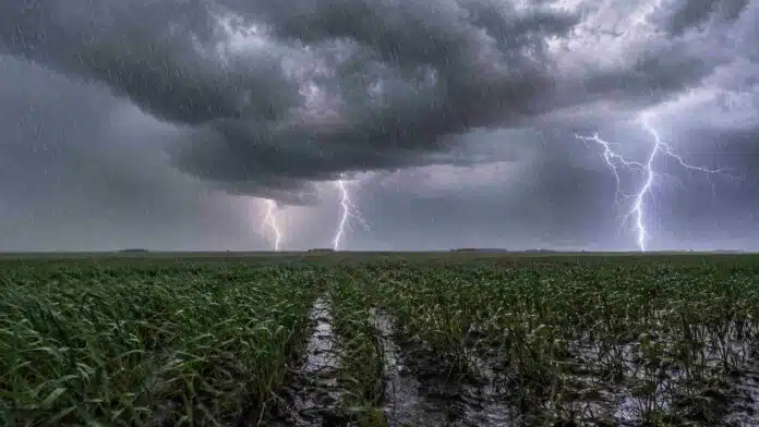 Tormenta intensa sobre un trigo en encañazón en la Pampa Húmeda, con lluvia fuerte, charcos y potentes relámpagos.