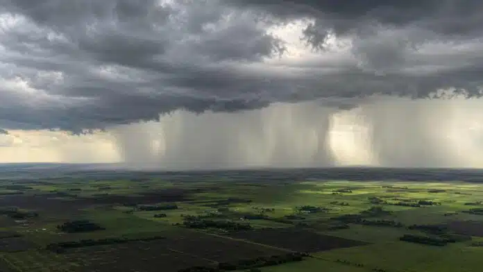 Cortinas de lluvia intensa avanzan sobre campos productivos bajo nubes de tormenta en el centro y noreste argentino.