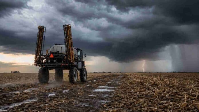 tormentas-lluvias-pulverizadora-campo-ruralnet Pulverizadora autopropulsada con los botalones plegados se retira de un campo con rastrojo de maíz ante una tormenta.