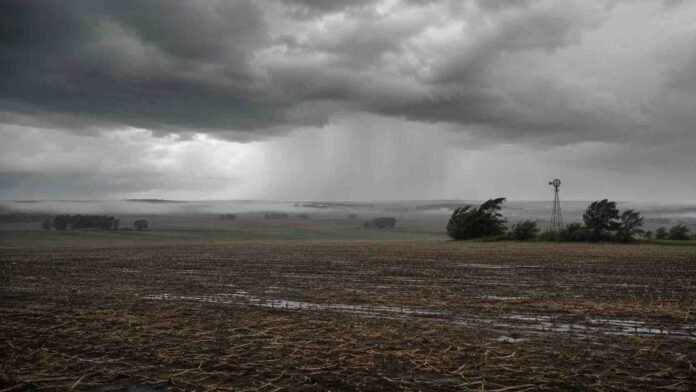 tormentas-lluvias-region-pampeana-ruralnet Frente de tormenta con lluvias sobre un campo de la región pampeana y un molino rural.