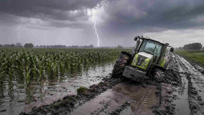 El Niño -Tractor empantanado y levemente inclinado en un camino rural junto a un lote de maíz inundado, bajo tormenta con lluvia y relámpagos.