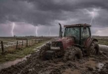 Pronóstico trimestral: dónde lloverá más y qué zonas tendrán temperaturas superiores Tractor Case empantanado y cubierto de barro en un camino rural de la pampa húmeda, junto a un alambrado, bajo una tormenta con lluvia intensa y relámpagos.