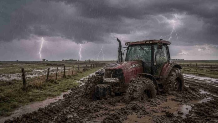 tractor-empantanado-tormenta-pampa-humeda-ruralnet Tractor Case empantanado y cubierto de barro en un camino rural de la pampa húmeda, junto a un alambrado, bajo una tormenta con lluvia intensa y relámpagos.