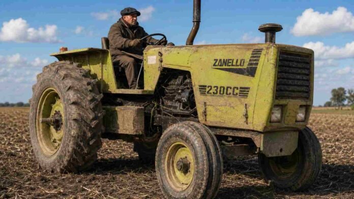 tractor-zanello-antiguo-campo-ruralnet Productor agropecuario con boina conduce un tractor Zanello antiguo y cubierto de polvo en un campo en barbecho.