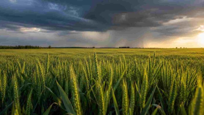 Cultivo de trigo bajo nubes de tormenta y lluvias sobre el horizonte, en un escenario asociado al fenómeno El Niño.