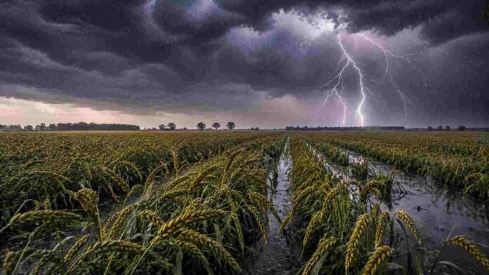 trigo-llenado-granos-campo-inundado-tormenta-ruralnet Cultivo de trigo en estado de llenado de granos sobre un lote parcialmente inundado durante una tormenta, con lluvias intensas, relámpagos y cielo oscuro de fondo en la región pampeana argentina.
