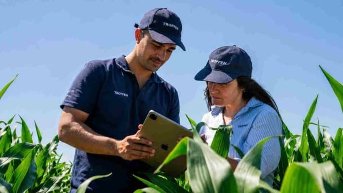 Técnicos de Tropfen analizan datos en una tablet dentro de un lote de maíz durante una jornada de validación tecnológica a campo.