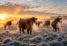 Heladas en Argentina: el pronóstico agro para el fin de semana Vacas pastando sobre un campo pampeano cubierto de escarcha durante un amanecer invernal, con abundante vaho visible por el frío, luz cálida del sol naciente y paisaje rural argentino.