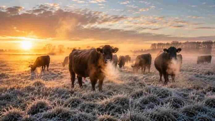 Vacas pastando sobre un campo pampeano cubierto de escarcha durante un amanecer invernal, con abundante vaho visible por el frío, luz cálida del sol naciente y paisaje rural argentino.