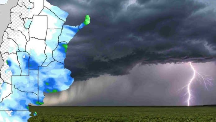 27 de agosto-ruralnet Pronóstico de lluvias en Argentina hasta el 7 de septiembre, con mapa de precipitaciones y tormenta eléctrica sobre un campo