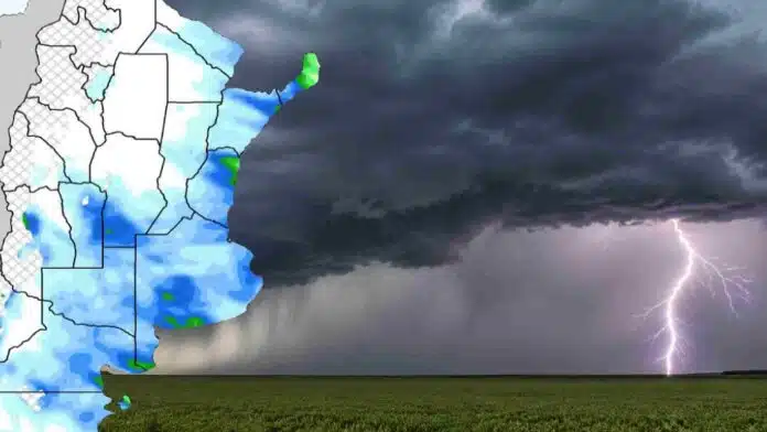 27 de agosto-ruralnet Pronóstico de lluvias en Argentina hasta el 7 de septiembre, con mapa de precipitaciones y tormenta eléctrica sobre un campo