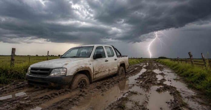 Pickup encajada en camino rural bajo tormenta Camioneta pickup doble cabina encajada en un camino rural embarrado del Litoral argentino, con profundos surcos, charcos y un cielo de tormenta con relámpago al fondo.