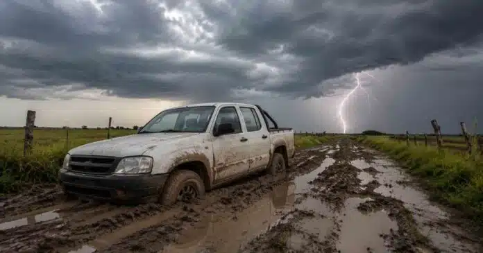 Camioneta pickup doble cabina encajada en un camino rural embarrado del Litoral argentino, con profundos surcos, charcos y un cielo de tormenta con relámpago al fondo.
