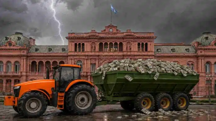 Tractor naranja sin marca remolcando una tolva granelera desbordante de billetes de 100 dólares frente a la Casa Rosada, bajo un cielo de tormenta con un relámpago.