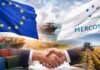 Mercosur-UE: las exportaciones argentinas crecieron 19% Banderas del Mercosur y la Unión Europea junto a una imagen de comercio internacional y producción agropecuaria, en referencia al acuerdo entre ambos bloques.