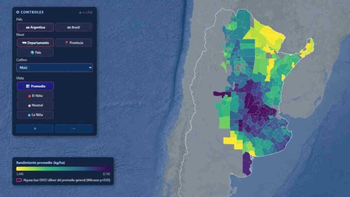 Mapa interactivo de AgroENSO con rendimientos promedio de maíz por departamento en Argentina y controles para comparar fases de El Niño, La Niña y condiciones neutrales.