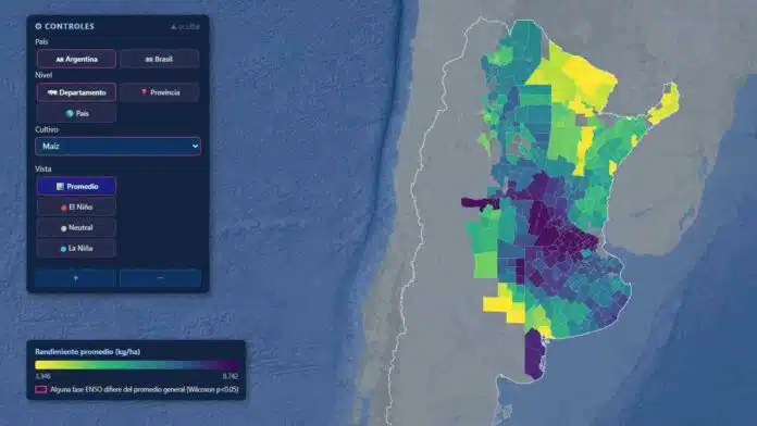agroenso-mapa-rendimiento-maiz-argentina Mapa interactivo de AgroENSO con rendimientos promedio de maíz por departamento en Argentina y controles para comparar fases de El Niño, La Niña y condiciones neutrales.