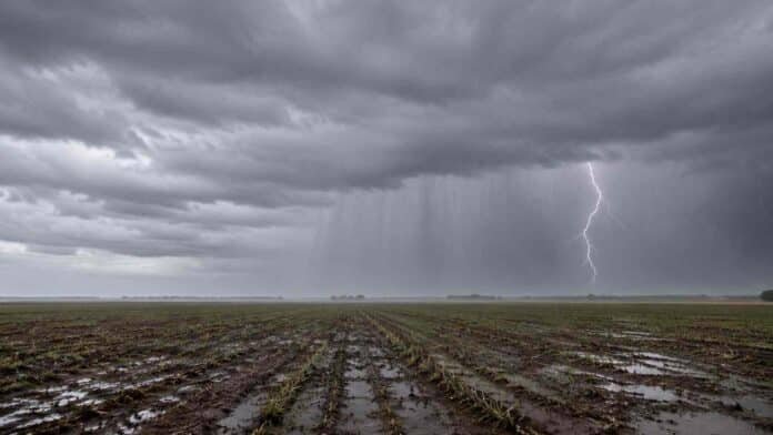 alerta-lluvias-persistentes-litoral.jpg Lluvias persistentes sobre un campo agrícola del Litoral argentino, con cielo cubierto, cortina de lluvia y un relámpago en el horizonte