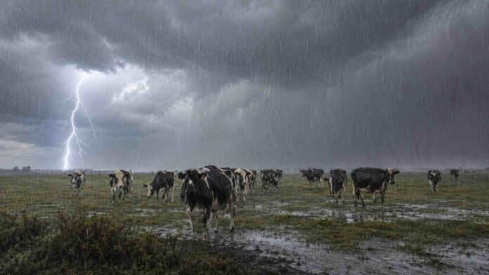 Vacas Holando bajo lluvias persistentes y tormenta eléctrica en un campo del norte de Santa Fe