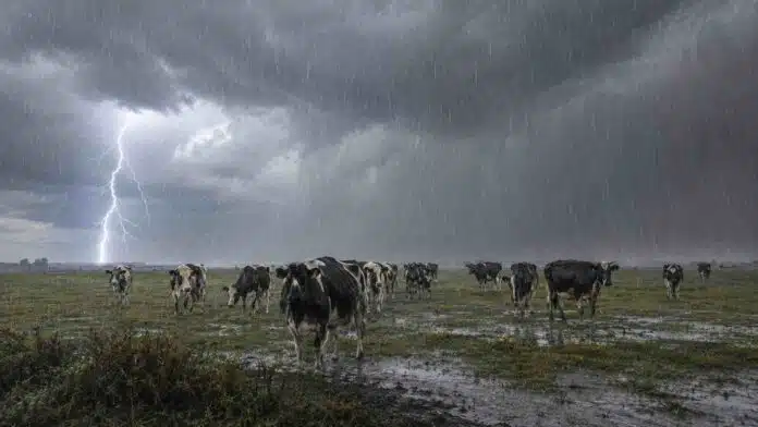 Vacas Holando bajo lluvias persistentes y tormenta eléctrica en un campo del norte de Santa Fe