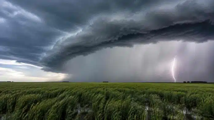 Tormenta con relámpago y cortina de lluvia intensa avanza sobre un campo agrícola del Litoral argentino.