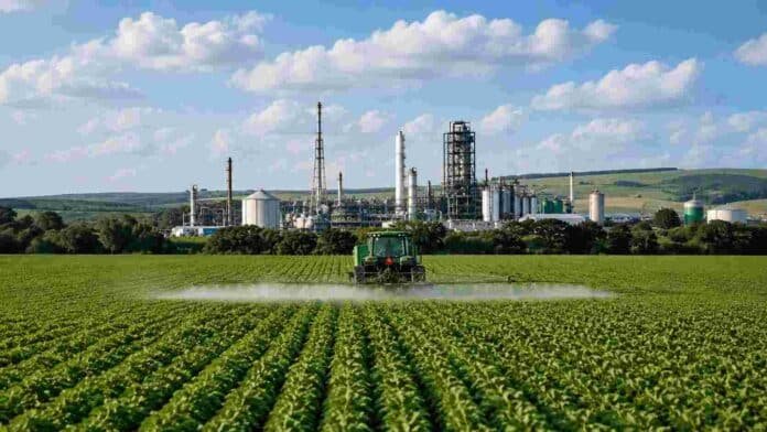 aplicacion-agroquimicos-industria-agricola-ruralnet Pulverizador agrícola realizando una aplicación sobre un cultivo, con un complejo industrial vinculado al agro en el fondo.