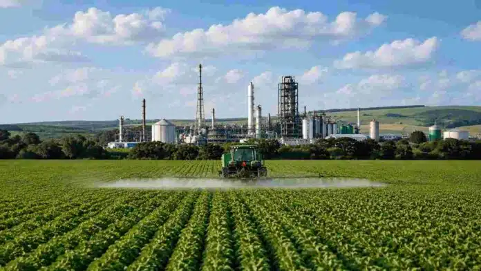 aplicacion-agroquimicos-industria-agricola-ruralnet Pulverizador agrícola realizando una aplicación sobre un cultivo, con un complejo industrial vinculado al agro en el fondo.