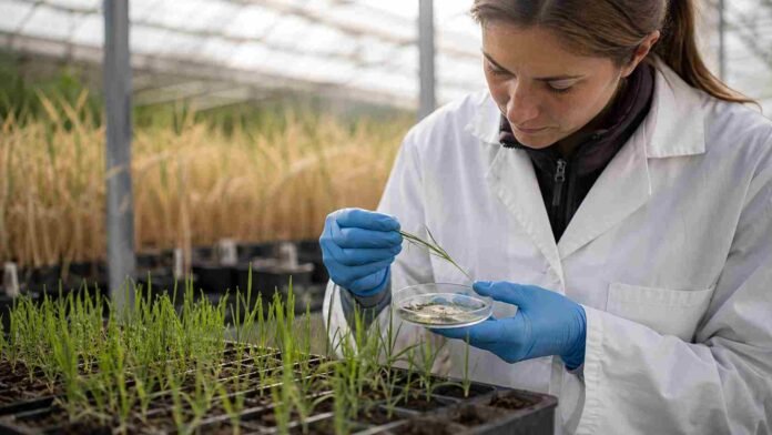 bacteria-fusarium-cebada-control-biologico Investigadora analiza plántulas de cebada en un ensayo sobre una bacteria capaz de degradar una micotoxina producida por Fusarium.