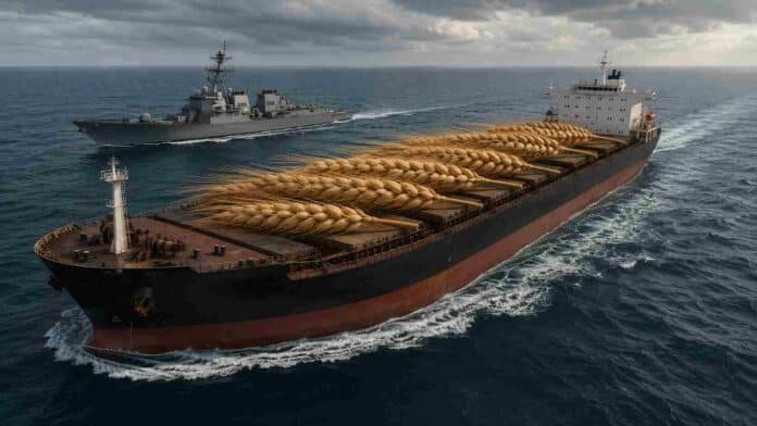 Barco granelero de gran porte navegando con enormes espigas de trigo sobre la cubierta, acompañado de cerca por un destructor militar en mar abierto bajo cielo nublado.