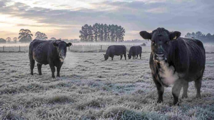 Bovinos Angus en un campo con pasto cubierto de escarcha durante una mañana fría de invierno, con vapor visible saliendo del hocico al exhalar